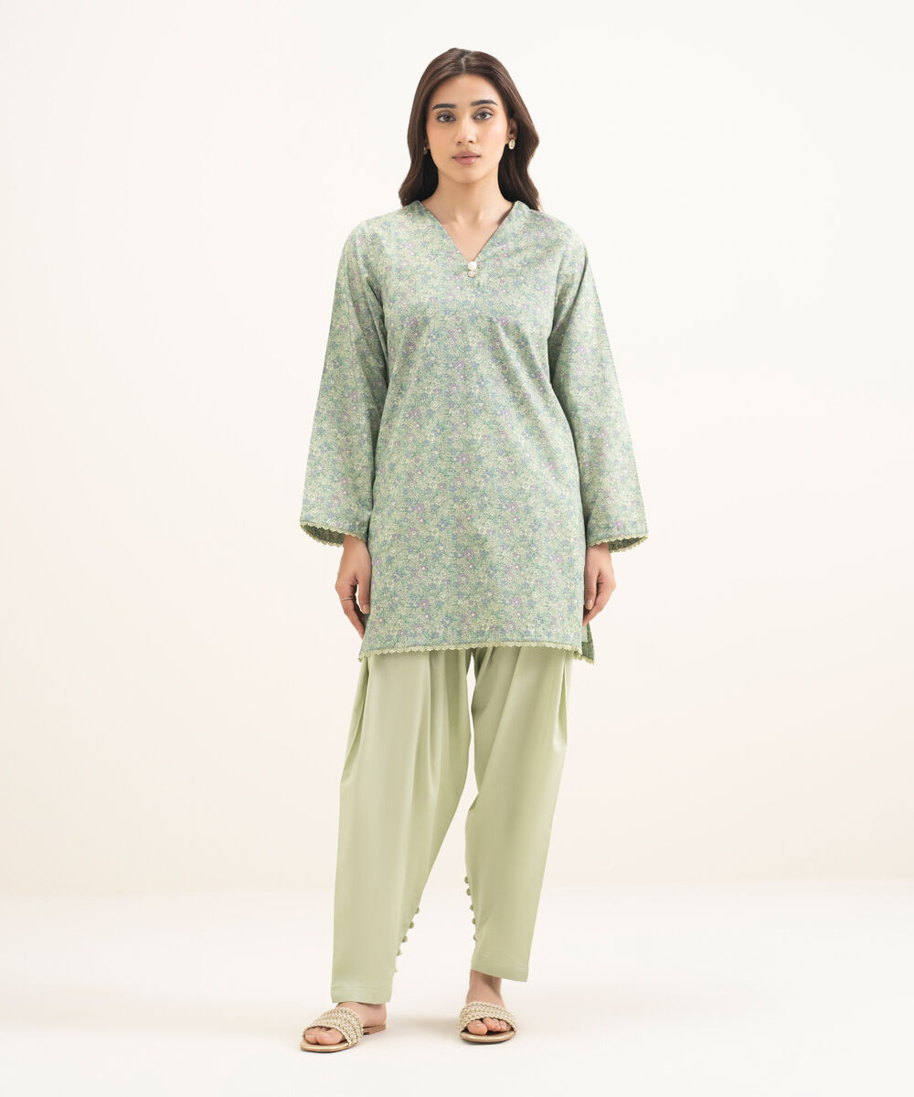 Women's RTW Cotton Viscose Printed Green Straight Shirt