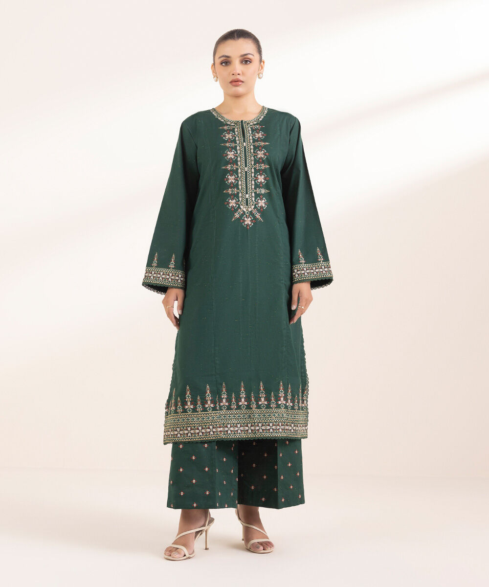 Women's Pret Multineps Green Embroidered A-Line Shirt