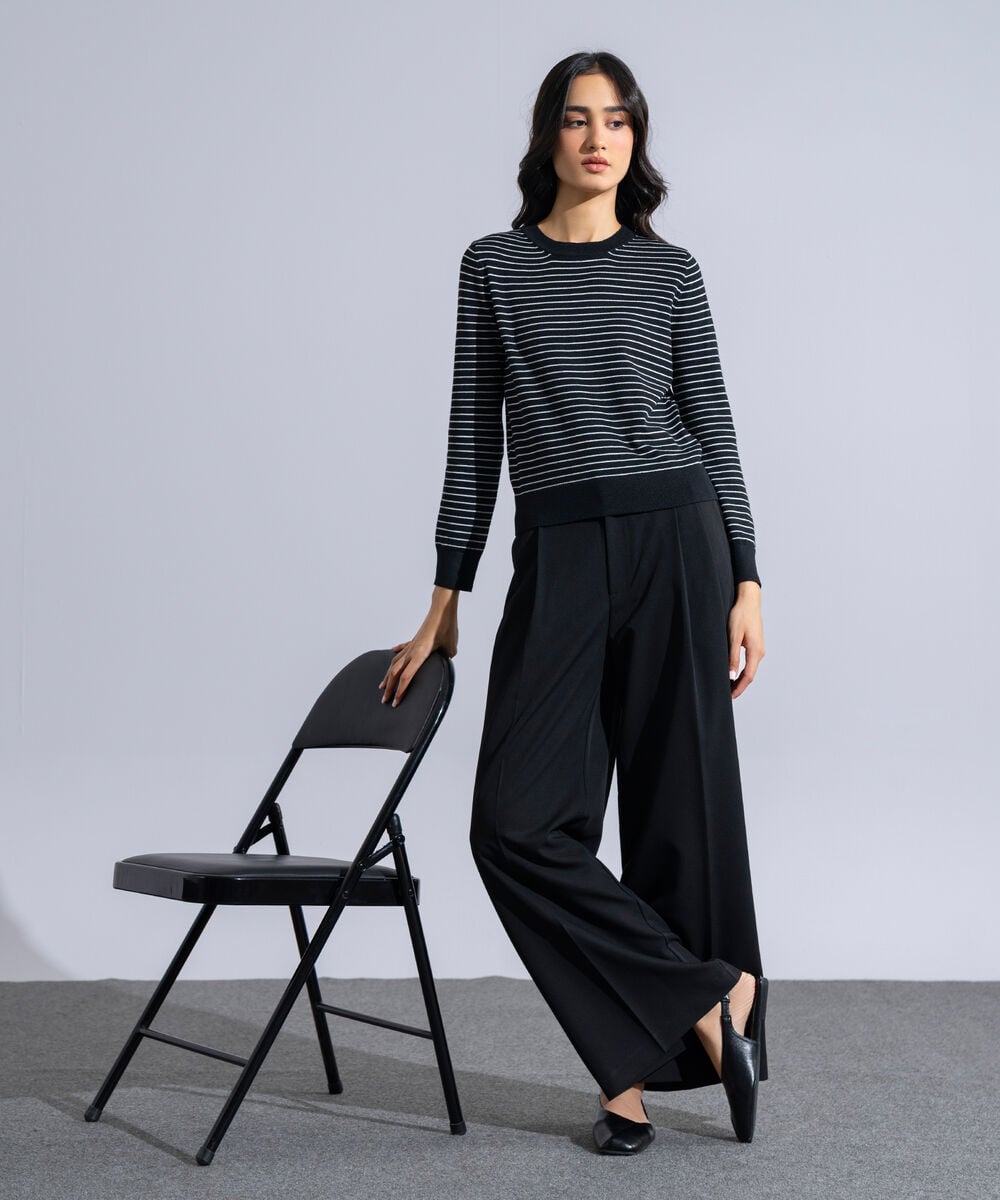 Women's Western Wear Black And White Striped Round Neck Knit Sweater
