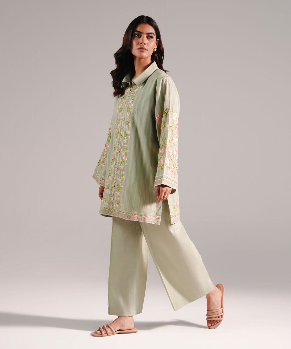 Women's RTW Dobby Embroidered Green 2 Piece Suit