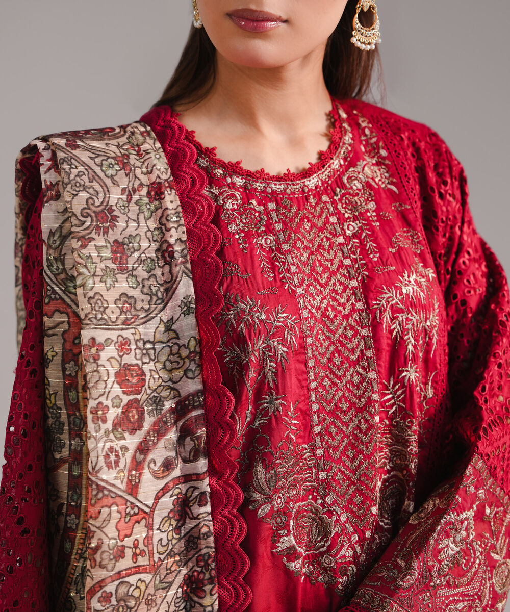 Women's RTW Self Jacquard Embroidered Maroon 3 Piece Suit