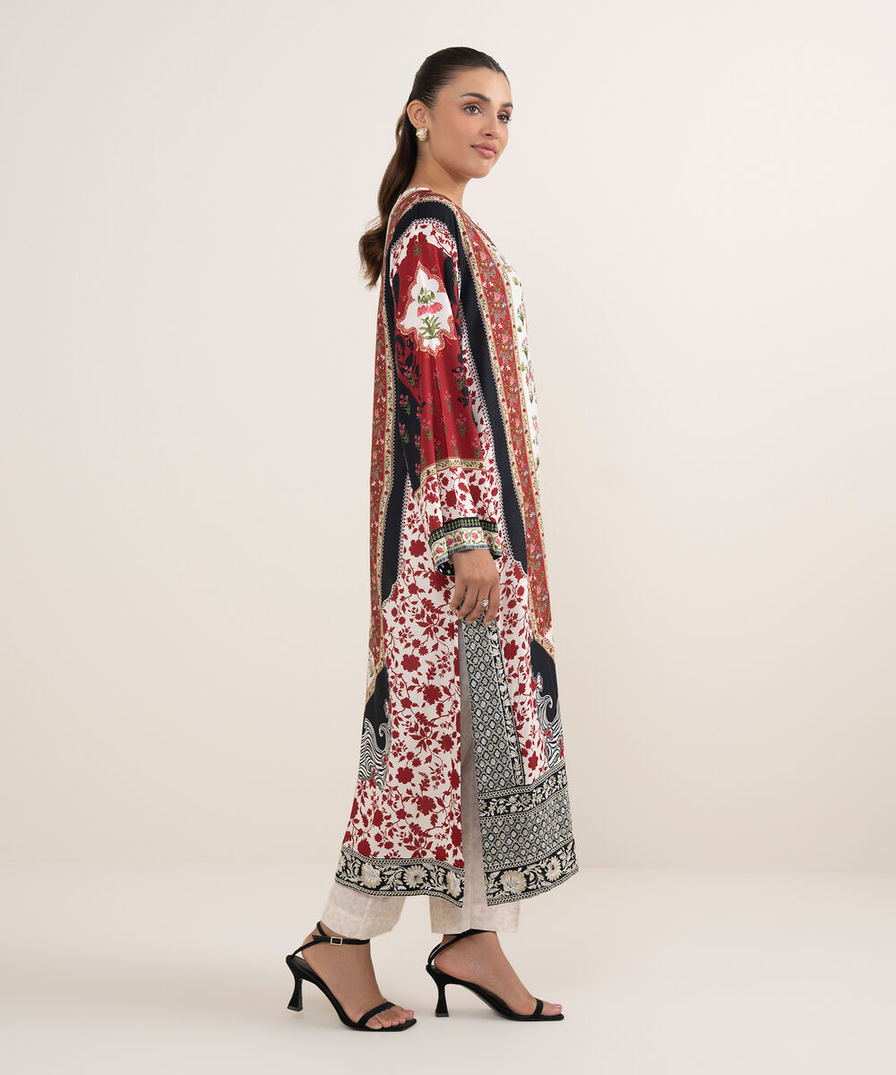 Women's RTW Arabic Lawn Maroon Printed Drop Shoulder Shirt