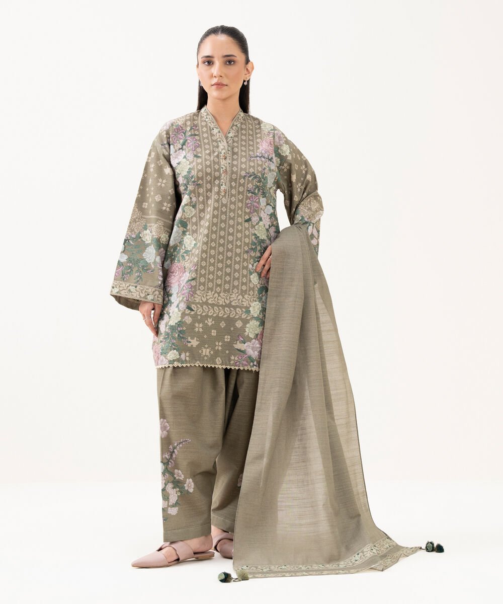Women's Unstitched Cotton Printed Grey 3 Piece Suit