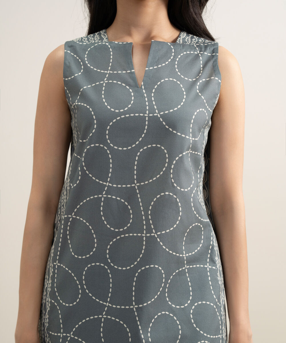 Women's Unstitched Lawn Printed Grey and Off White 2 Piece Suit