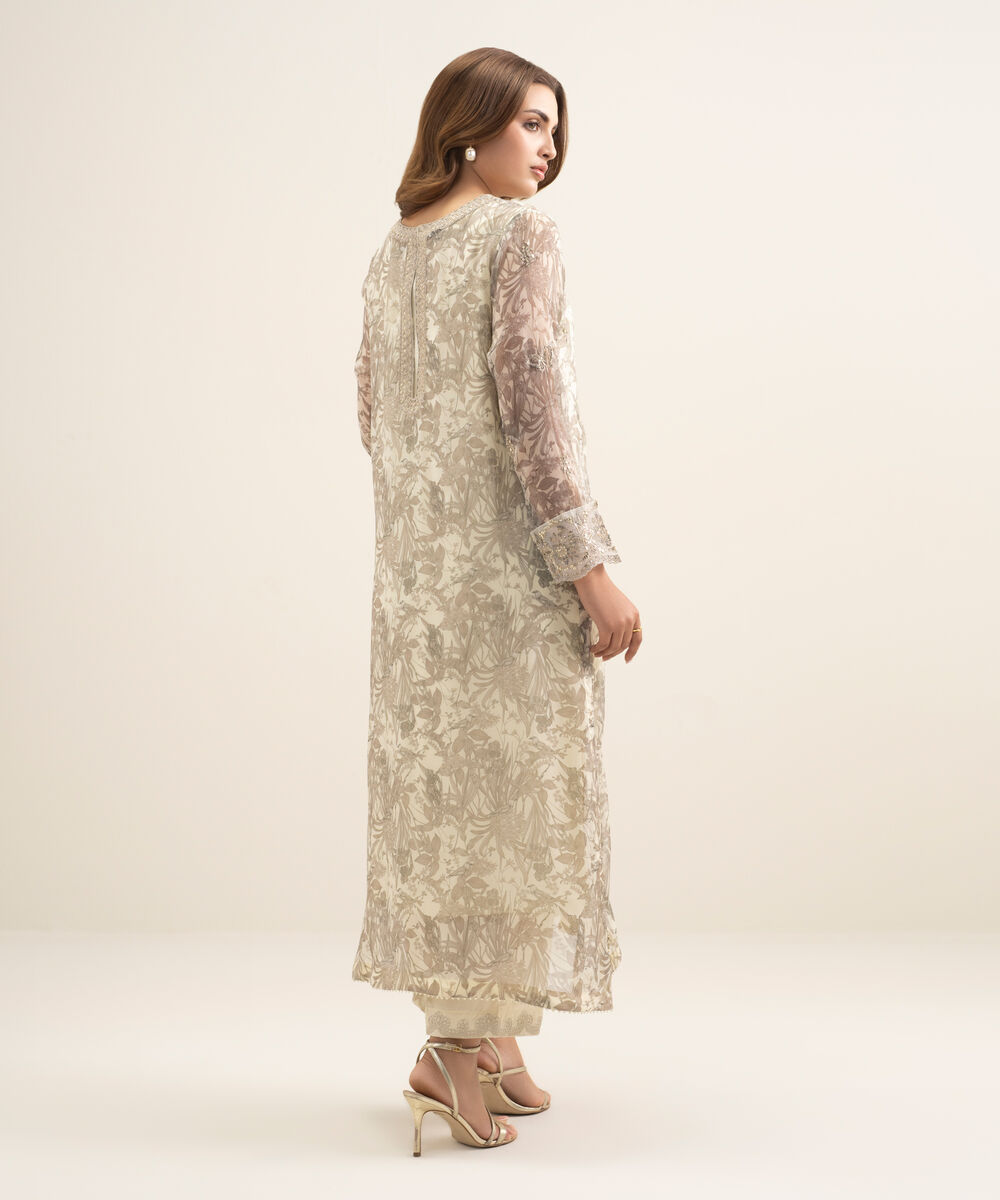 Women's RTW Blended Chiffon Embroidered Off White 2 Piece Suit