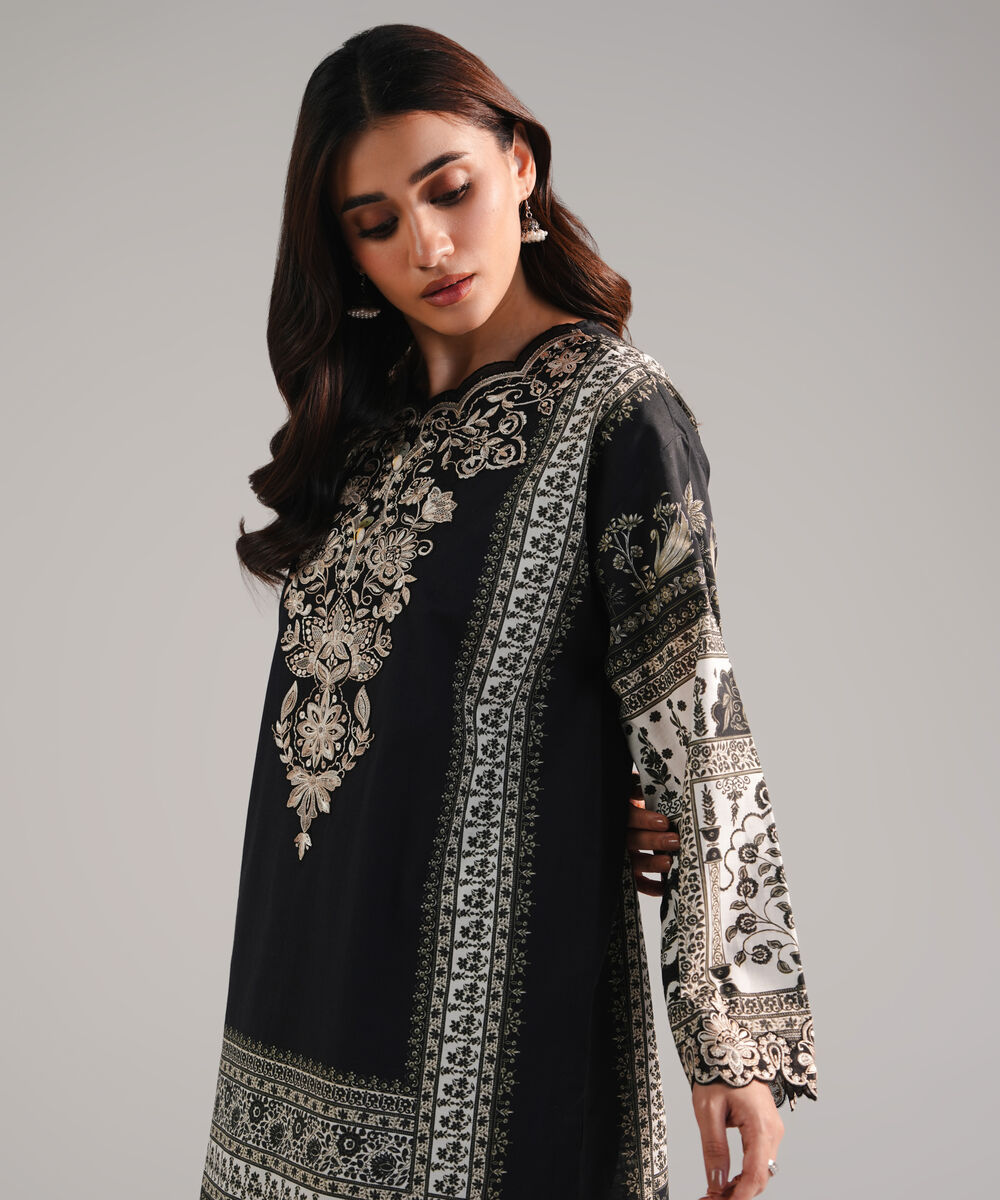 Women's RTW Cambric Embroidered Black Drop Shoulder Shirt