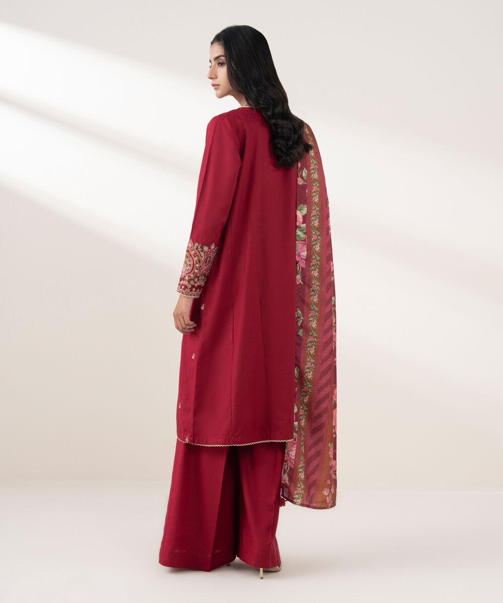 Women's RTW Cotton Viscose Embroidered Red 3 Piece Suit