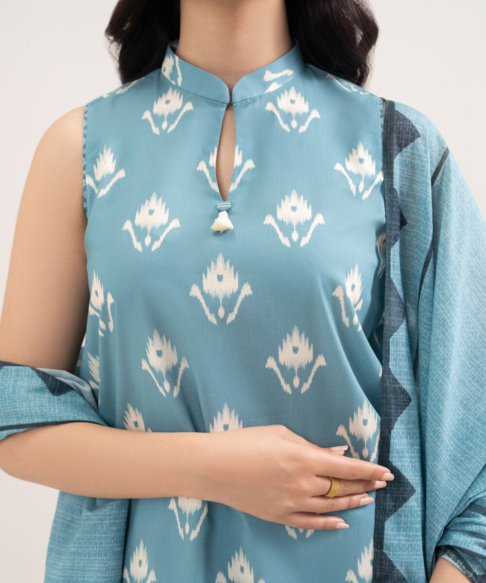 Women's Unstitched Lawn Printed Blue 3 Piece Suit