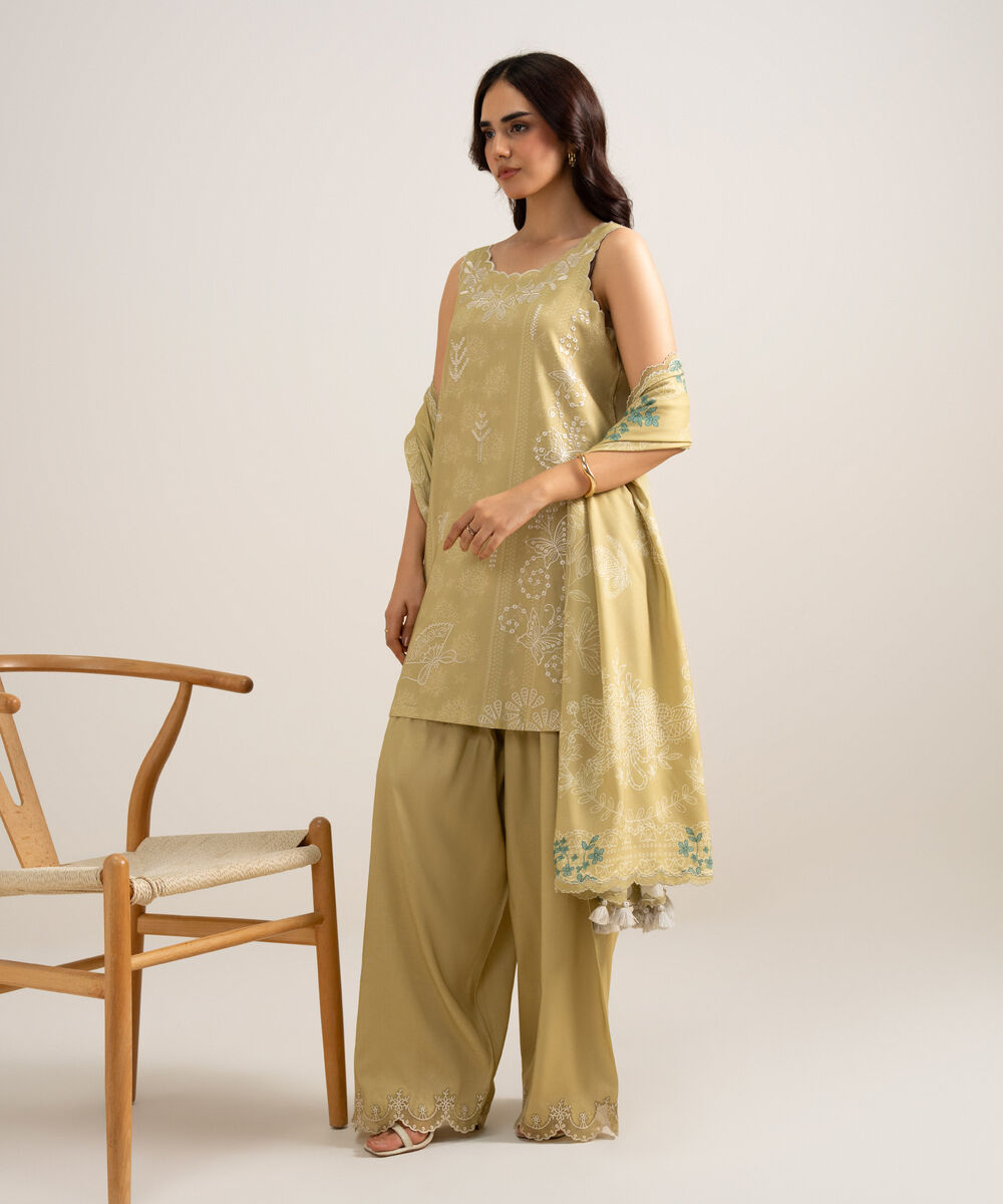 Women's Unstitched Embroidered Linen Beige 3 Piece Suit
