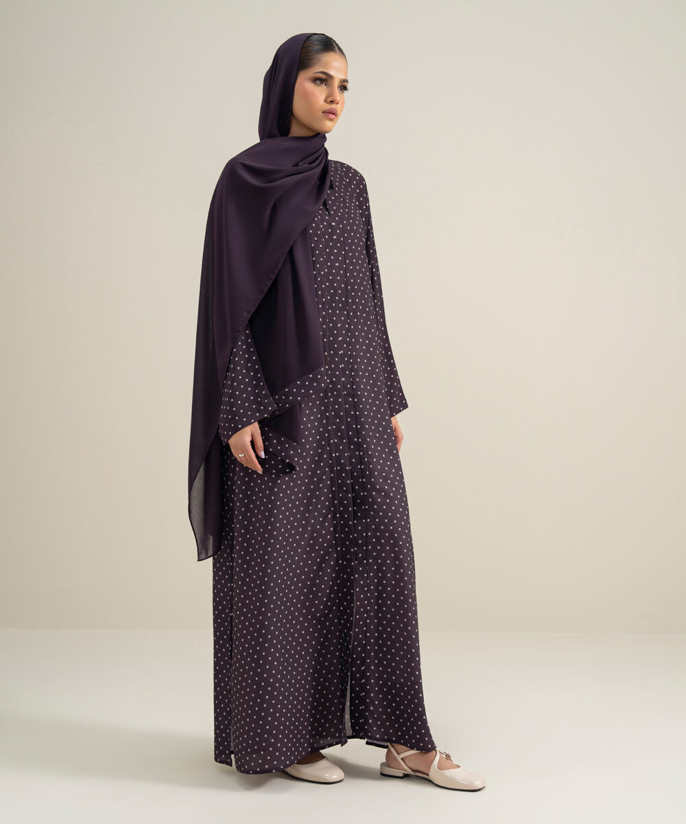 Women's Polyester Purple Kimono Printed Abbaya Set