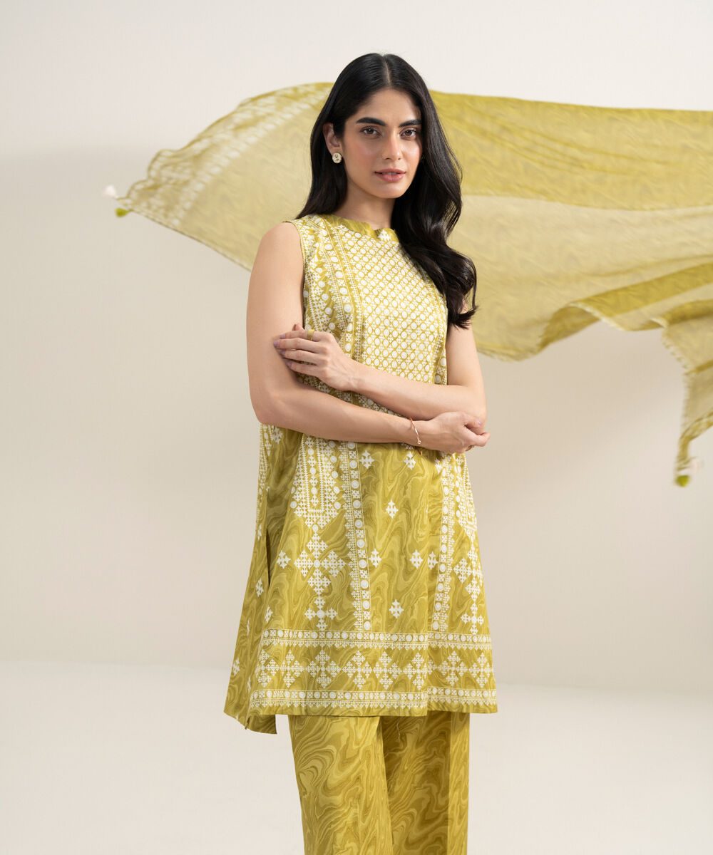 Women's Unstitched Lawn Printed Mustard 3 Piece Suit