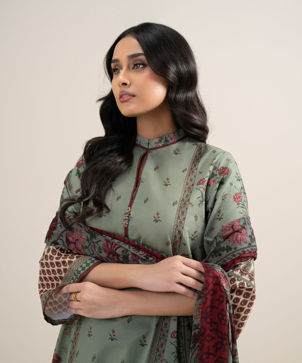 Women's Unstitched Lawn Printed Sage Green 3 Piece Suit