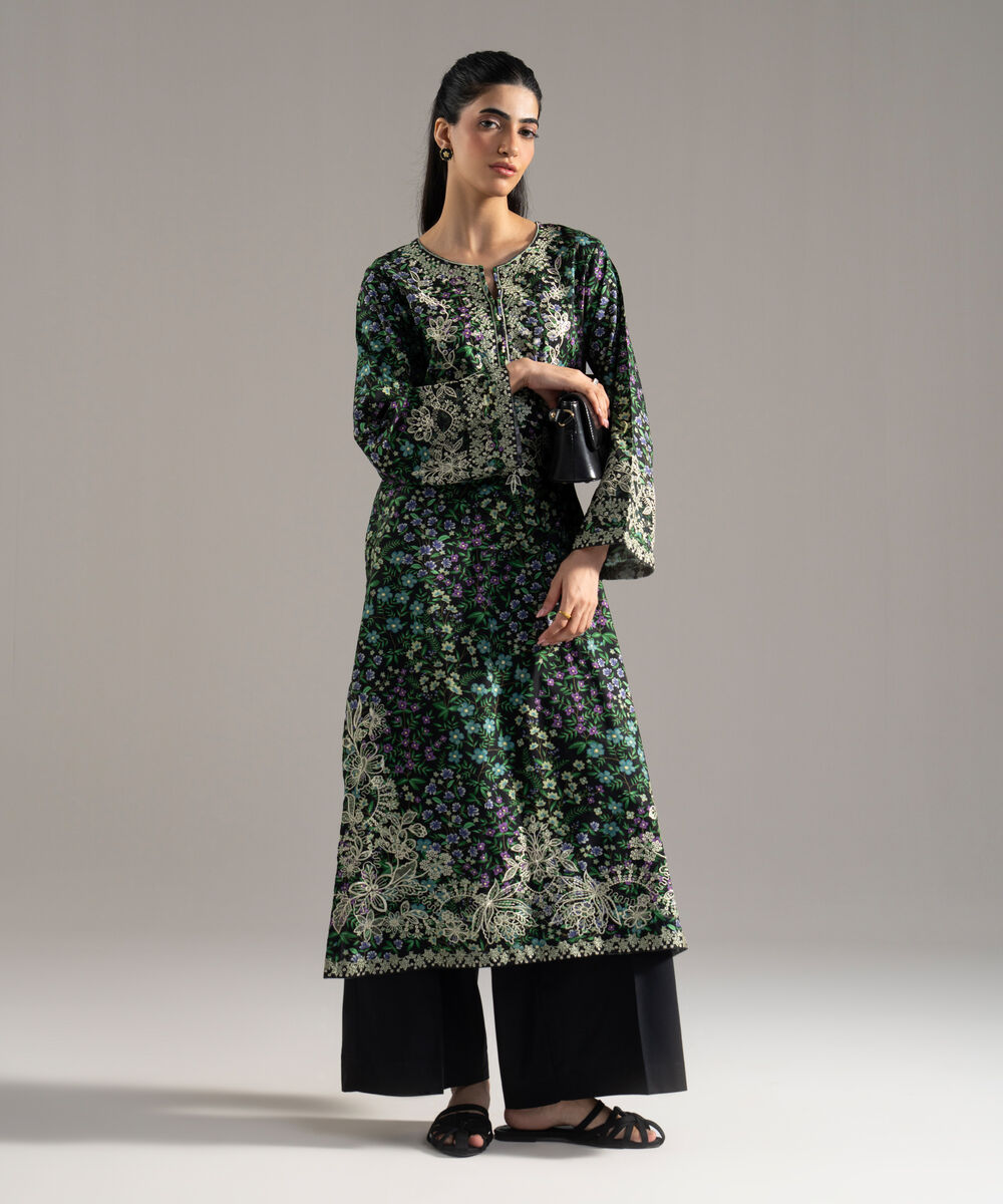 Women's RTW Cotton Viscose Printed Embroidered Black 2 Piece Suit
