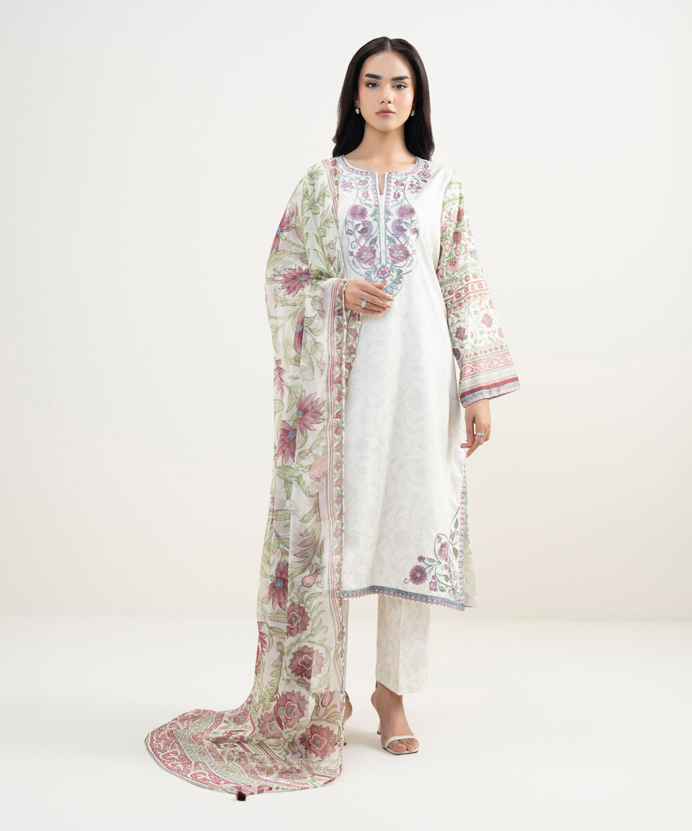 Women's RTW Cotton Satin Embroidered White A-Line Shirt