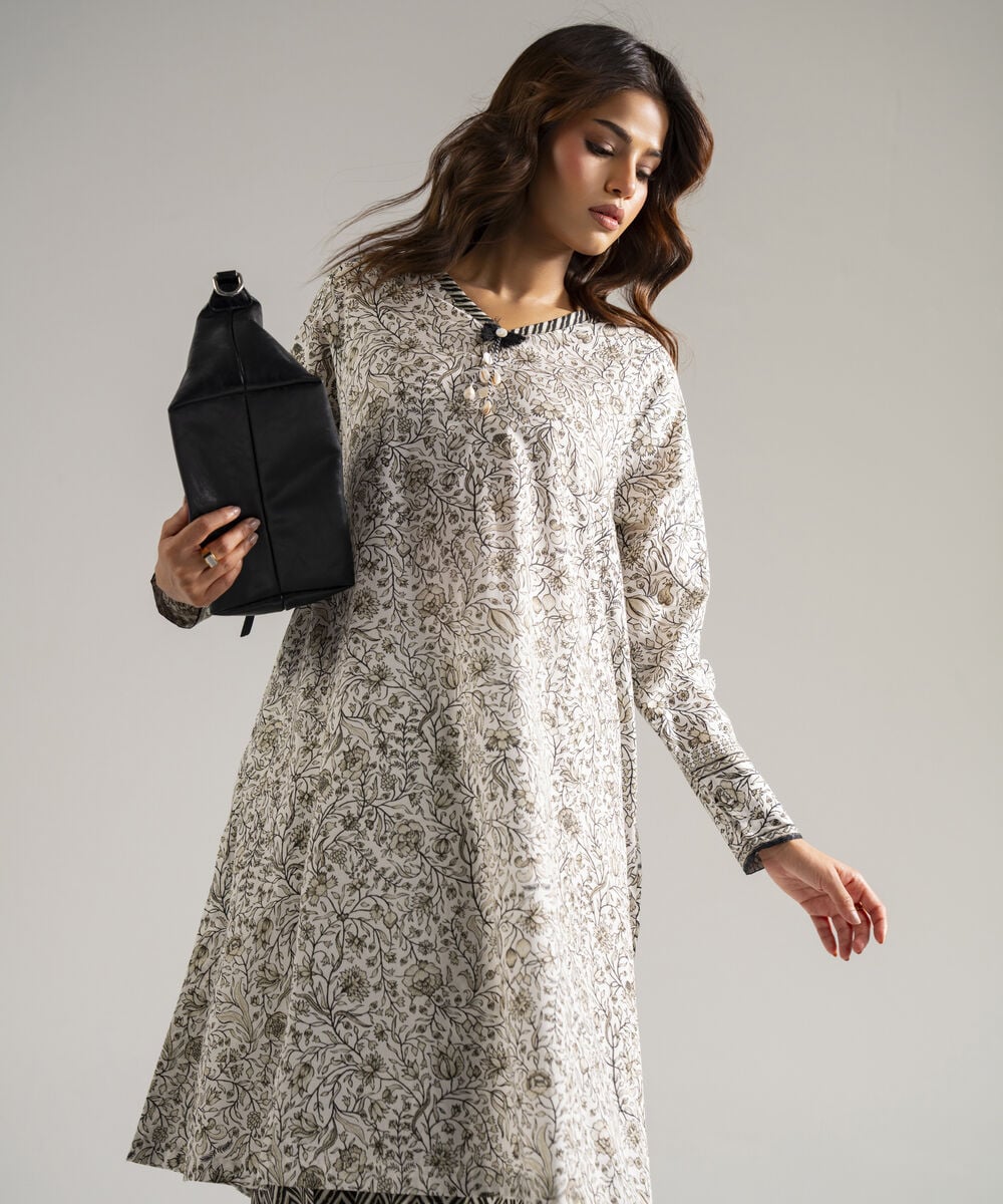 Women's RTW Lawn Printed White A-Line Shirt