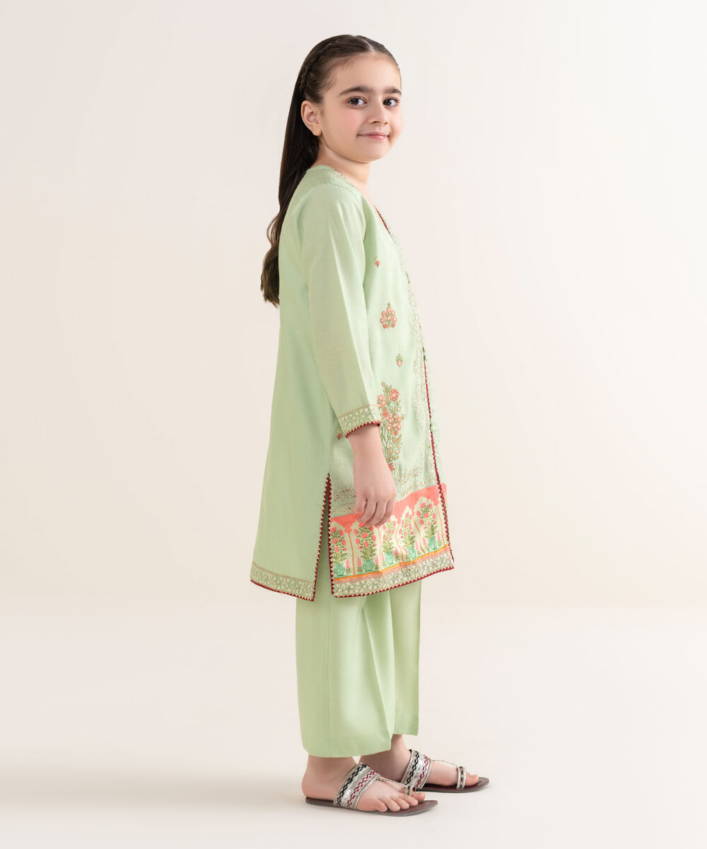 Girl's Silk Cotton Net Embroidered Green 2 Piece Suit