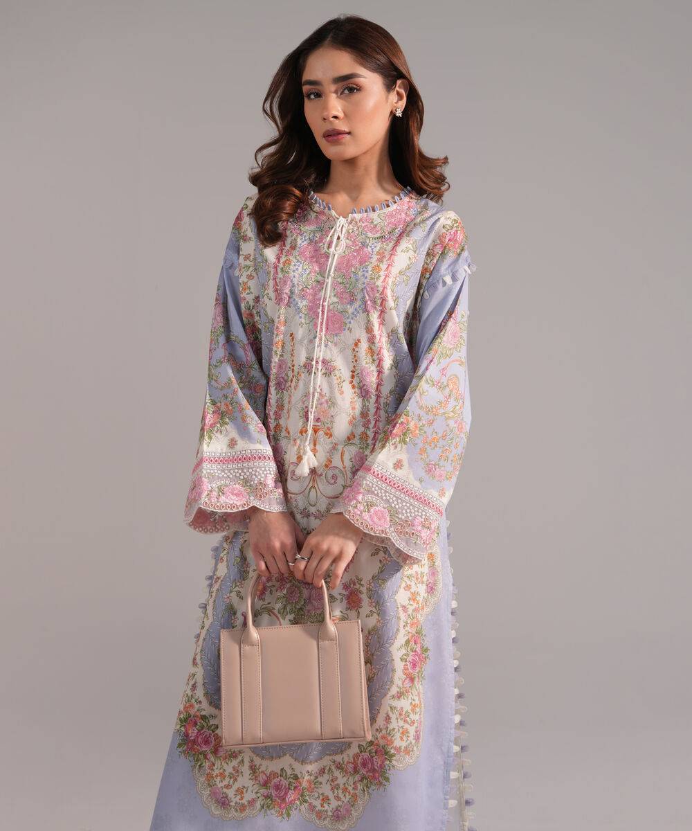 Women's RTW Lawn Embroidered Off White Straight Shirt