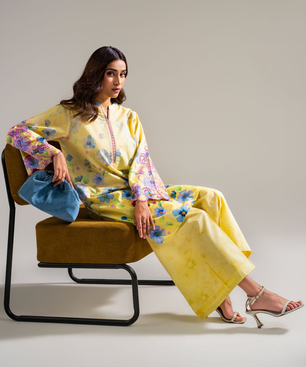 Women's RTW Lawn Embroidered Pale Yellow Straight Shirt