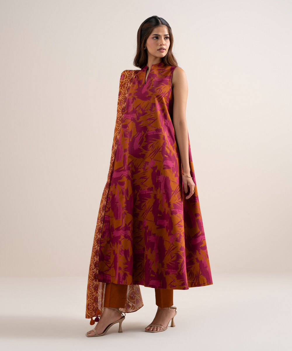 Women's Unstitched Lawn Printed Orange 3 Piece Suit