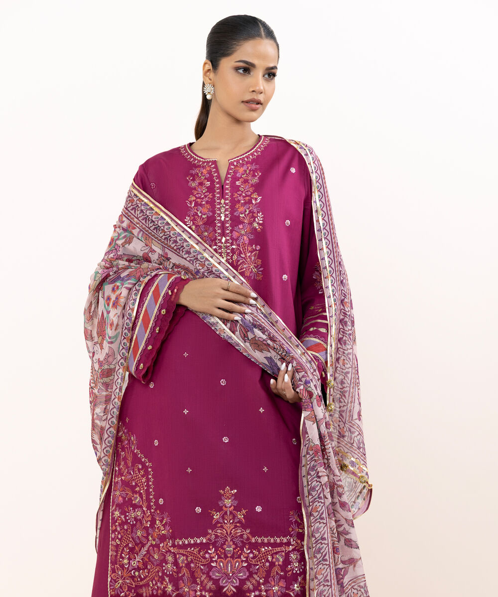 Women's Unstitched Raw Silk  Embroidered Magenta  3 Piece Suit