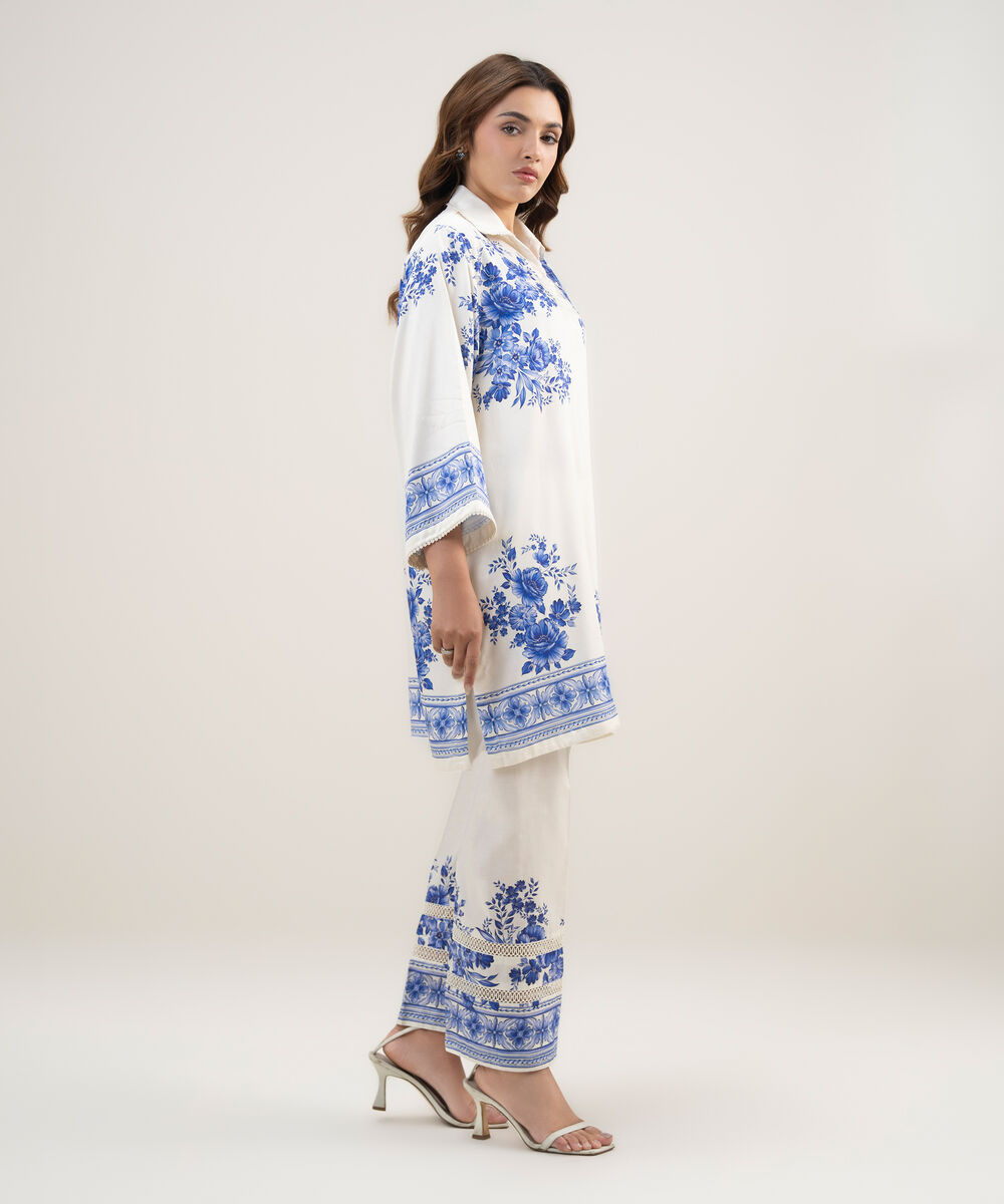 Women's RTW Dobby Printed Cream White 2 Piece Suit