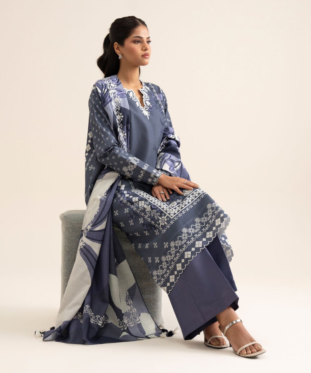 Women's Unstitched Light Khaddar Printed Blue 3 Piece Suit