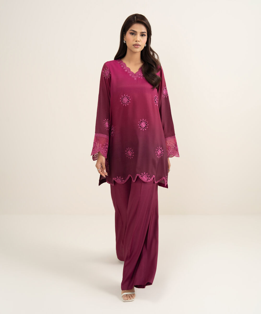 Women's RTW Viscose Raw Silk Embroidered Purple Straight Shirt