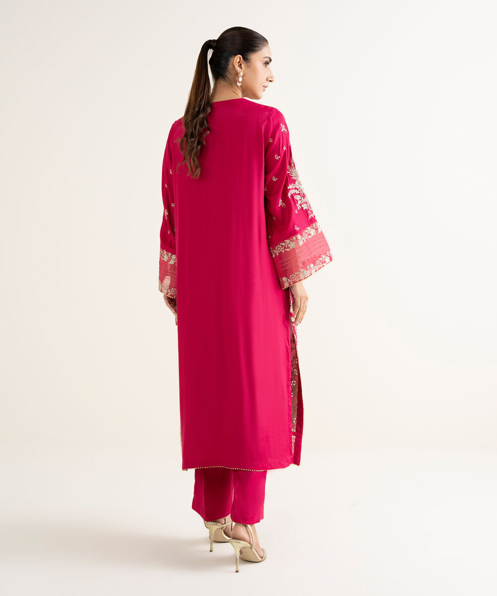 Women's RTW Viscose Raw Silk Embroidered Pink 2 Piece Suit