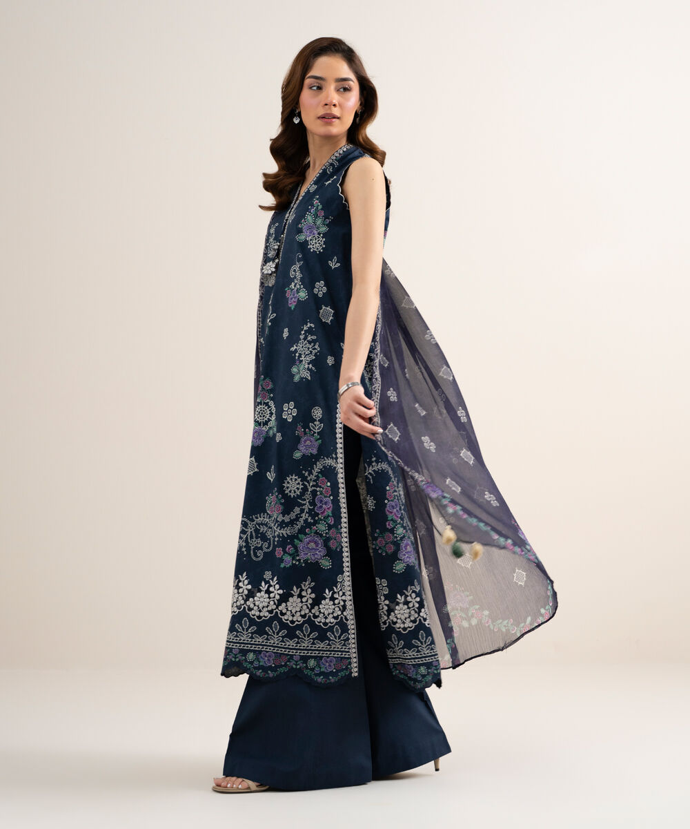 Women's Unstitched Lawn Embroidered Blue 3 Piece Suit