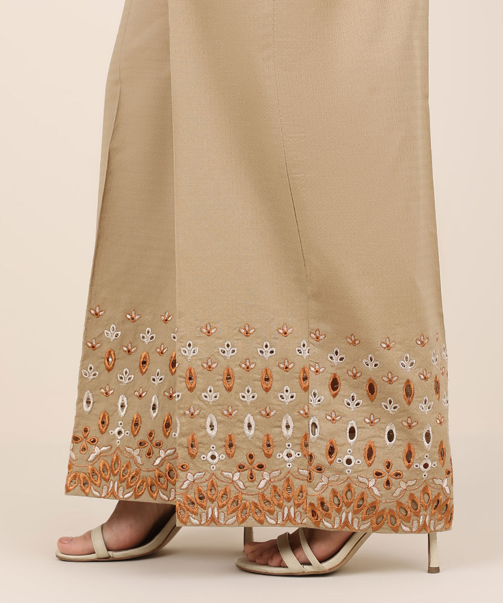 Women's RTW Textured Cotton Brown Embroidered Flared Pants