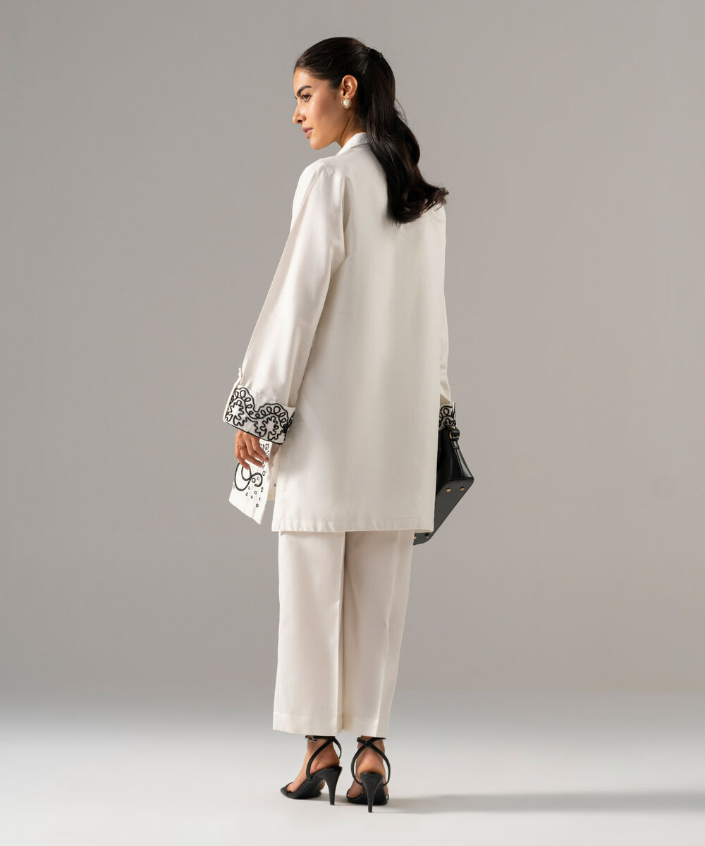 Women's RTW Cotton Linen Embroidered Off White 2 Piece Suit