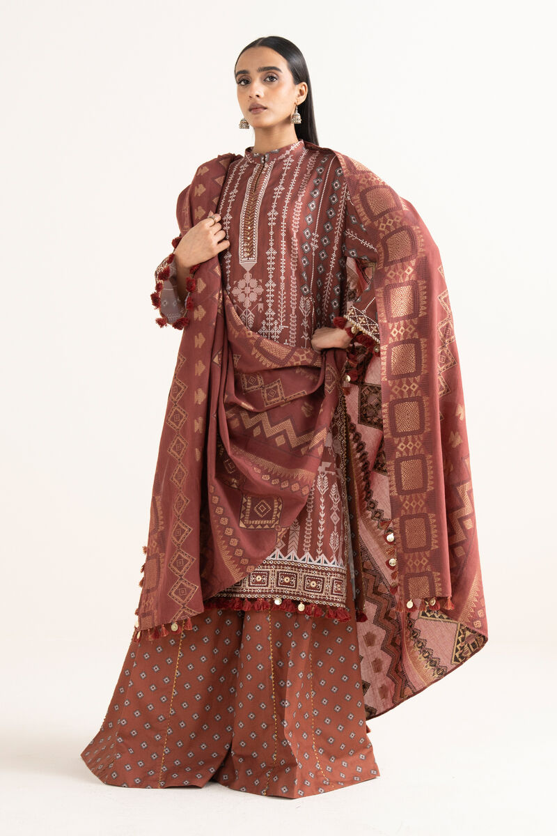 3 Piece - Printed Cotton Satin Suit