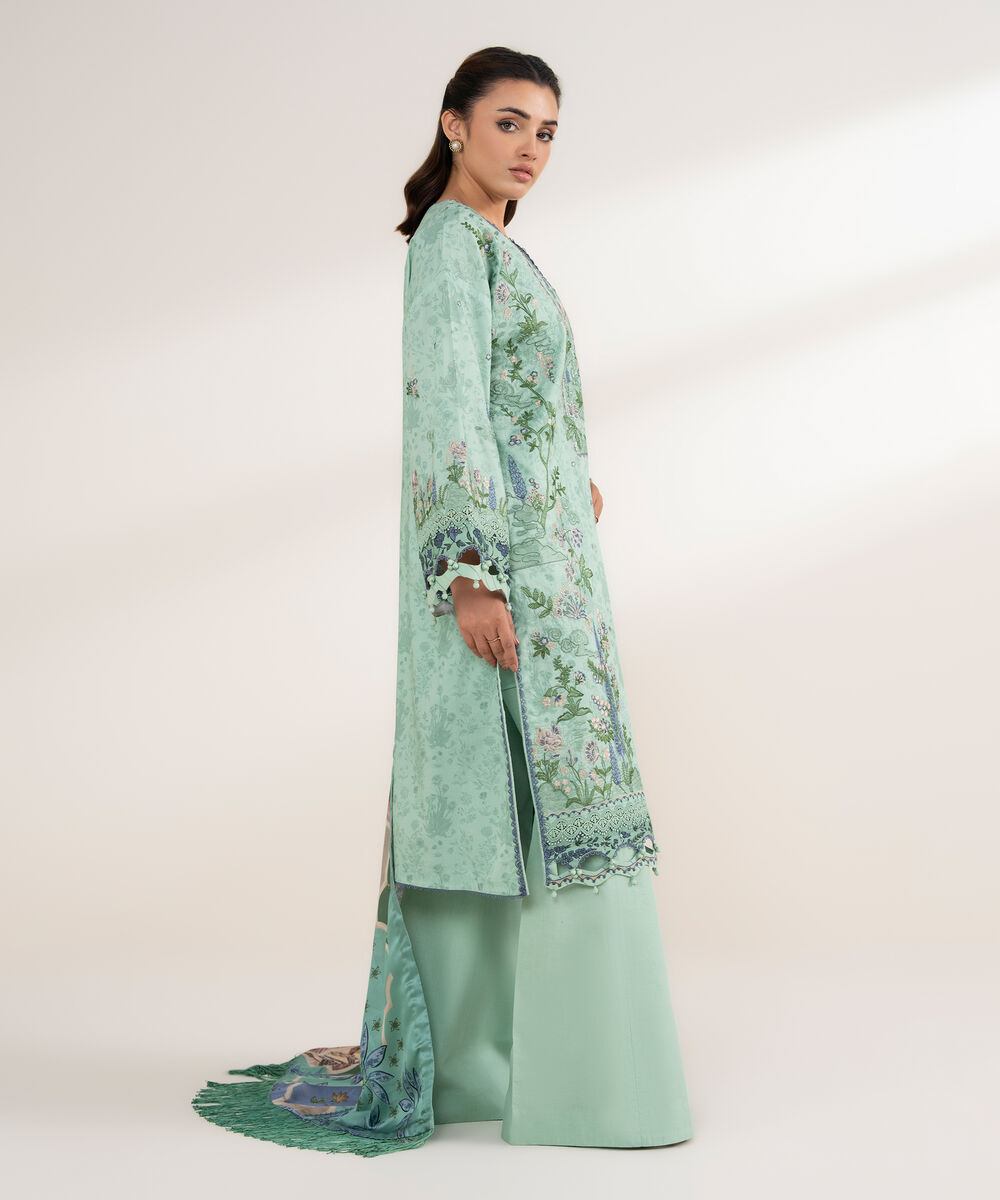 Women's Unstitched Cotton Embroidered Green 3 Piece Suit