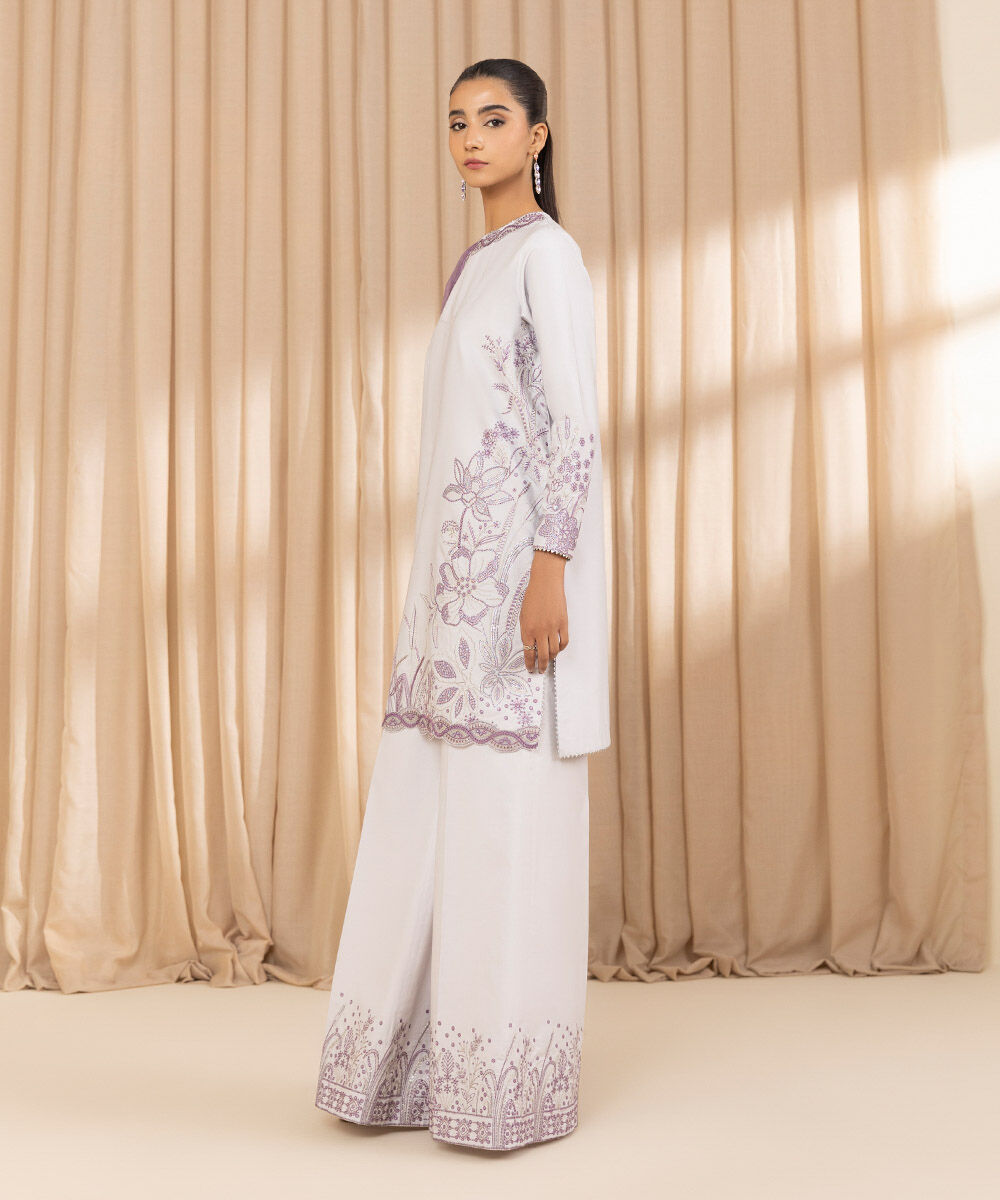 Unstitched Women's Grey Chambray Embroidered 3 Piece Suit