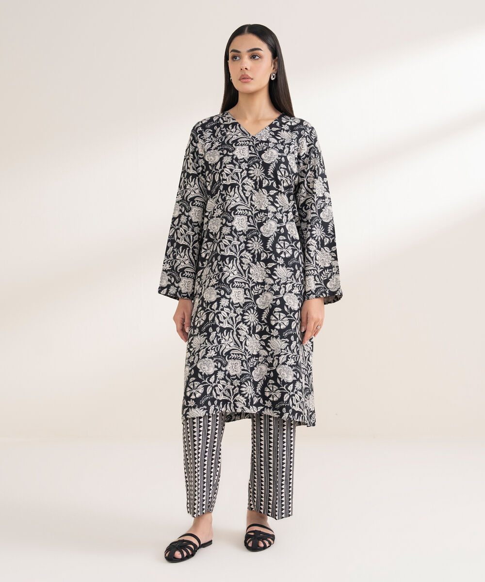 Women's RTW Arabic Khaddar Printed Straight Black Shirt