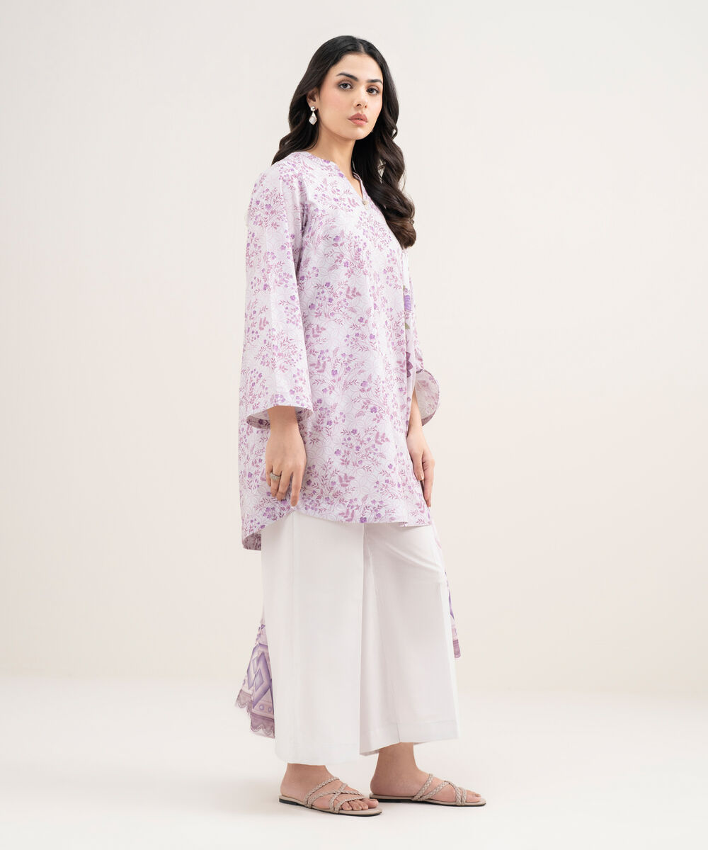 Women's RTW Cambric Printed Purple 3 Piece Suit