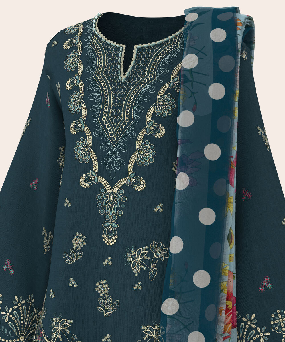 Women's Unstitched Self Jacquard Teal Blue  Embroidered 3 Piece Suit