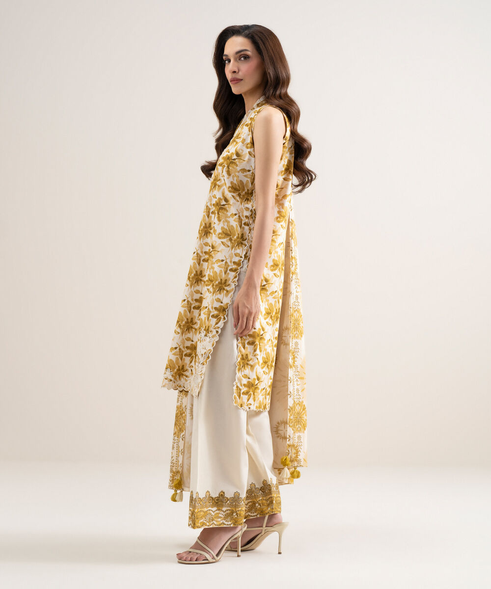 Women's Unstitched Lawn Embroidered Yellow and Off White 3 Piece Suit