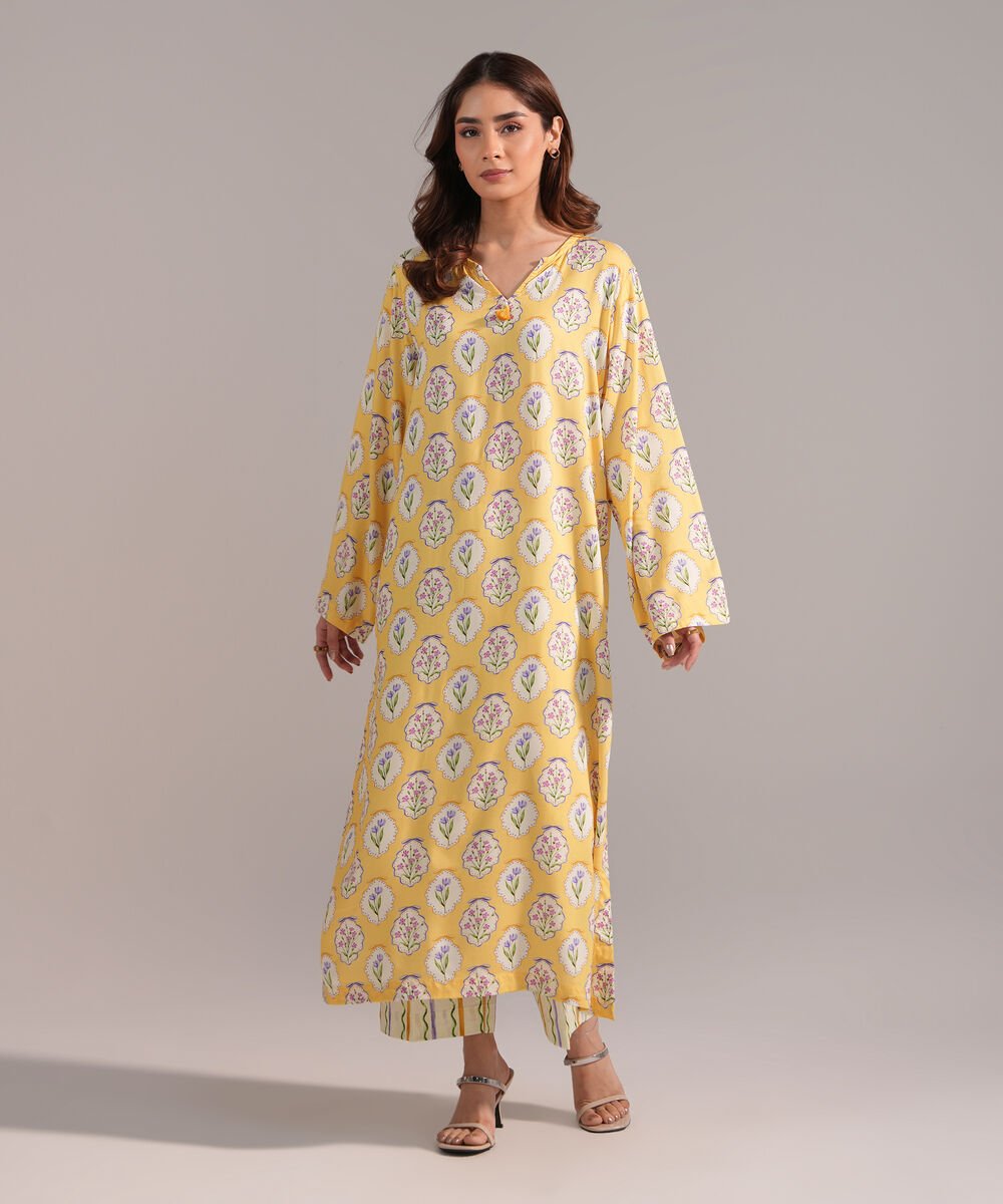 Women's RTW Arabic Lawn Printed Yellow A-Line Shirt