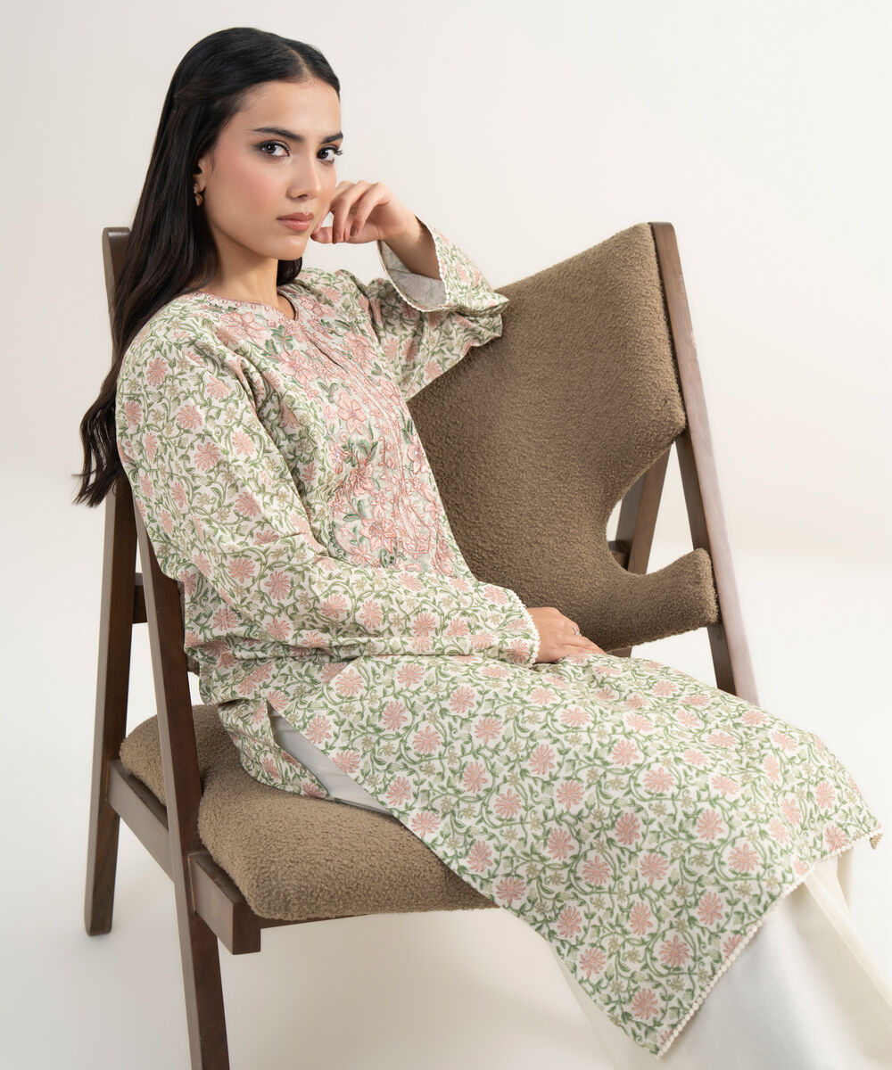 Women's RTW Slub Lawn Embroidered Beige Straight Shirt