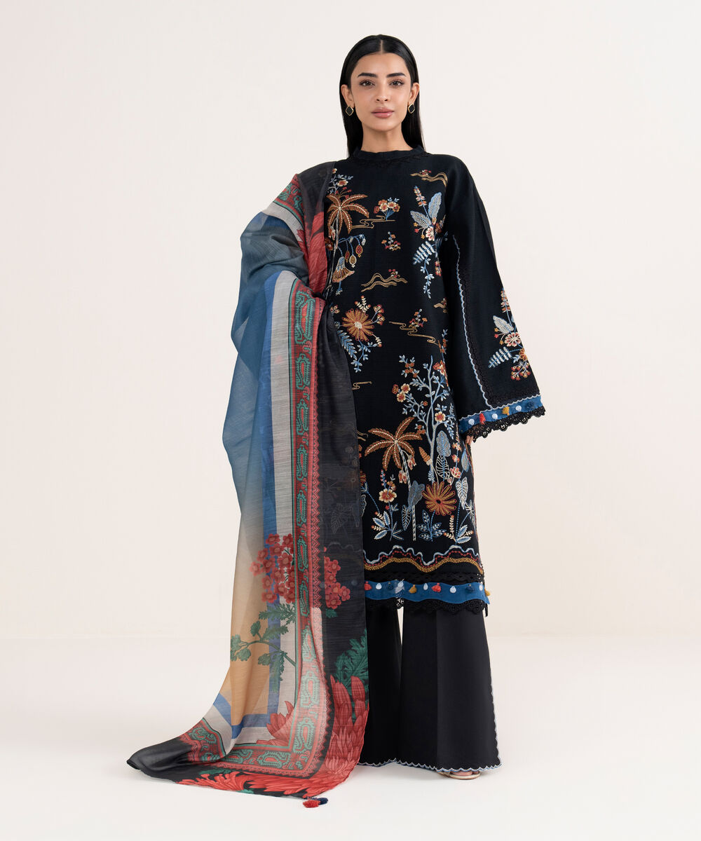 Women's Unstitched Dobby Embroidered Black 3 Piece Suit