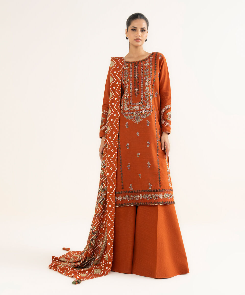 Women's Unstitched Light Khaddar Embroidered Orange 3 Piece Suit