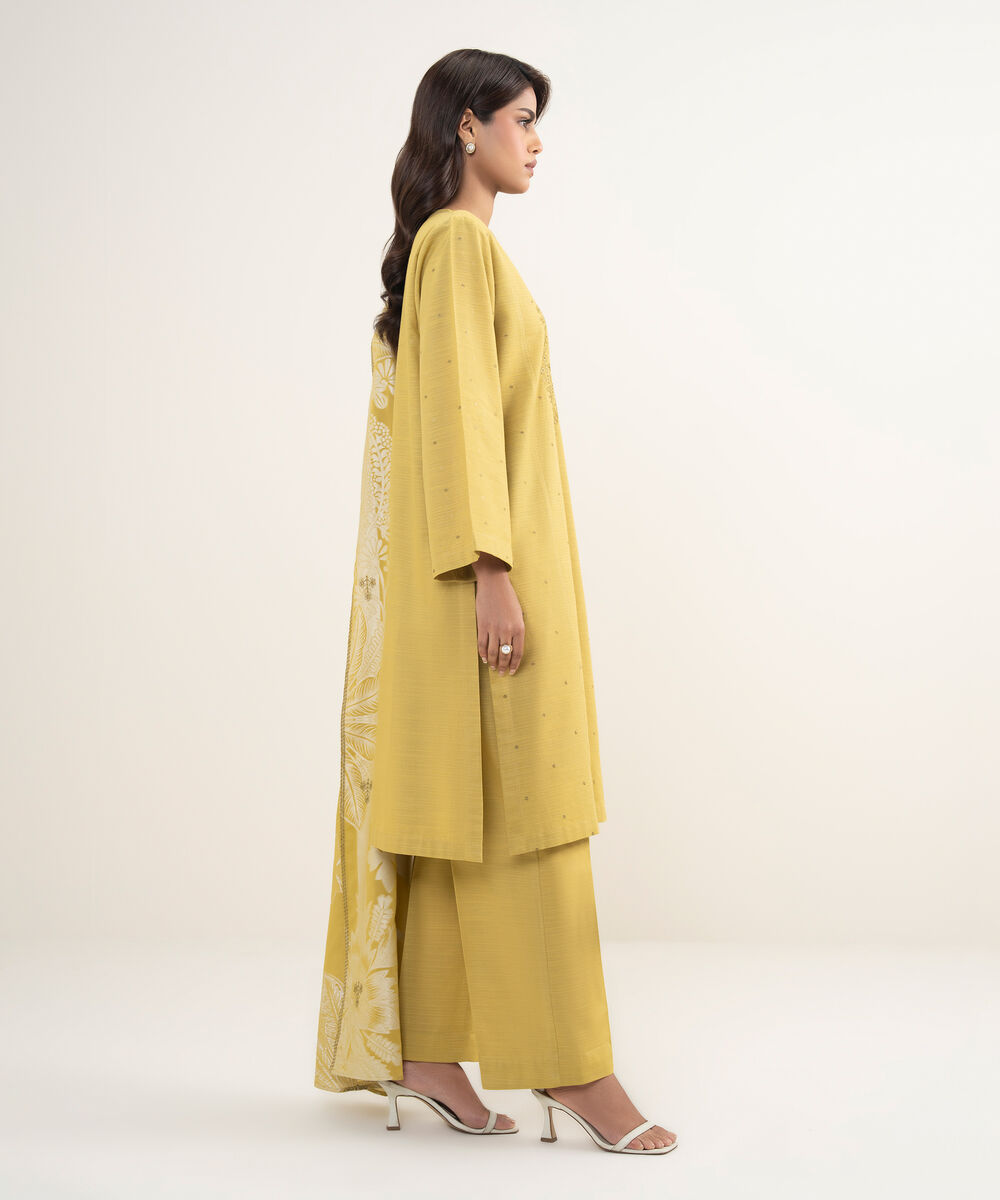 Women's Unstitched Zari Khaddar Yellow  3 Piece Suit