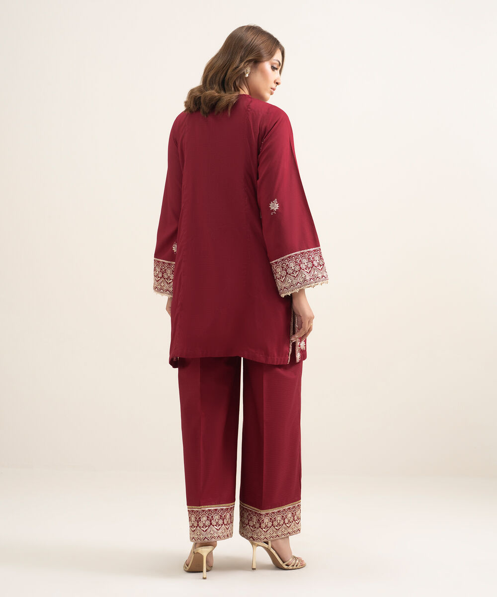 Women's RTW Dobby Embroidered Red Straight Shirt