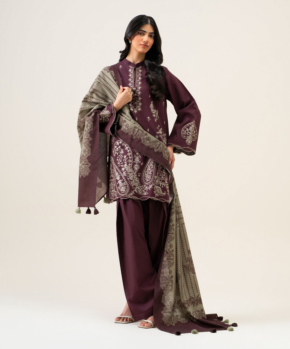 Womens Unstitched Light Khaddar Embroidered Plum 3 Piece Suit