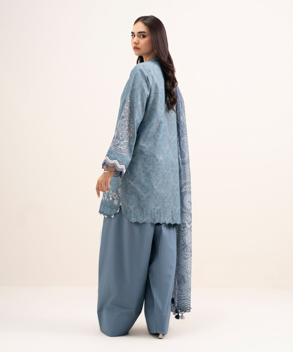 Women's Unstitched Zari Lawn Embroidered Blue 3 Piece Suit