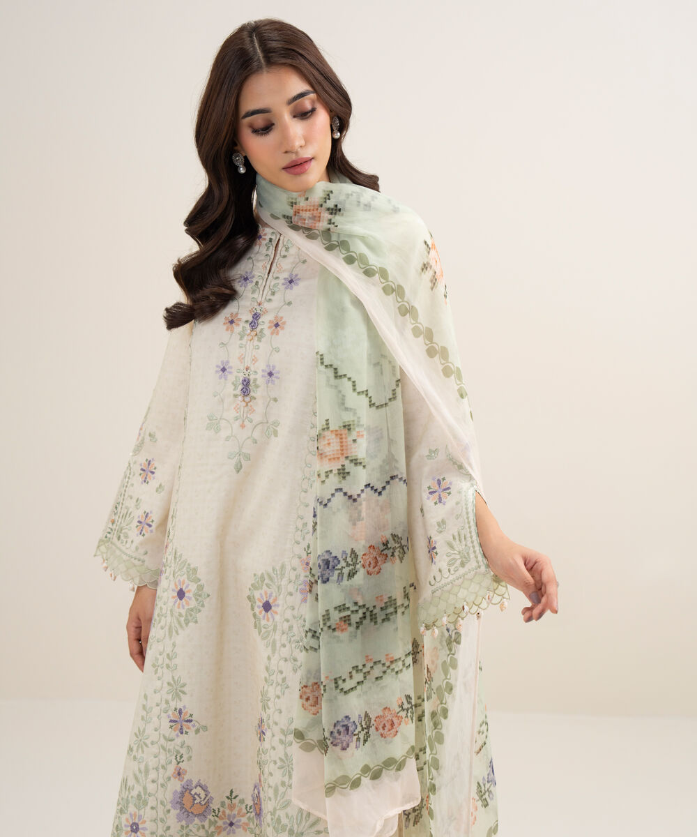 Women's Unstitched Lawn Embroidered Off White 3 Piece Suit