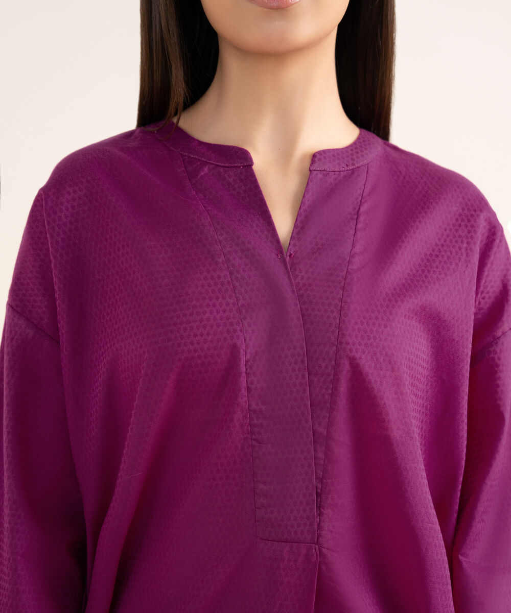 Women's RTW Textured Lawn Pink Solid Drop Shoulder Shirt