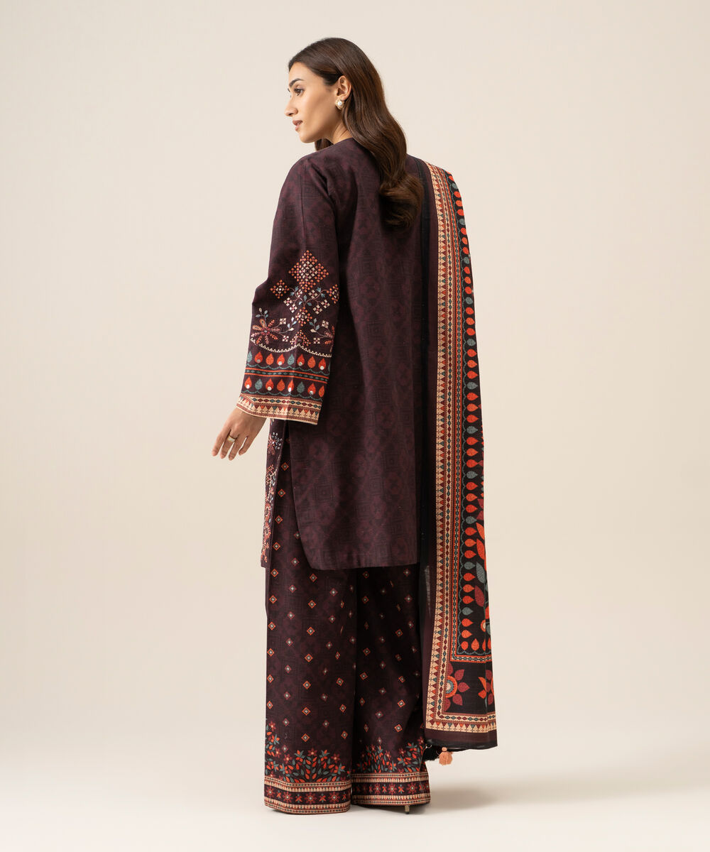 Women's Unstitched Light Khaddar Embroidered Plum 3 Piece Suit