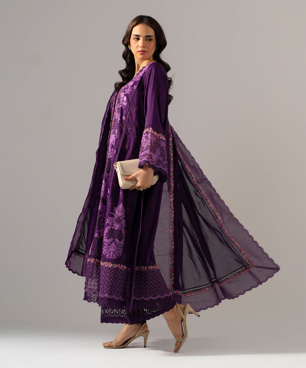 Women's RTW Self Jacquard Solid Embroidered Purple 3 Piece Suit